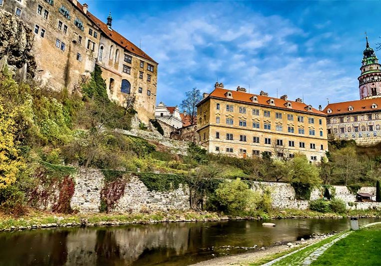 Beautiful panoramic shot of the Cesky Krumlov Castle beside the Vltava river in Czech Republic A beautiful panoramic shot of the Cesky Krumlov Castle beside the Vltava river in Czech Republic