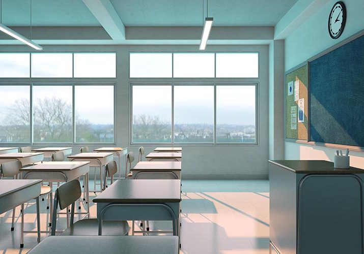 School classroom with chairs,desks and chalkboard without student.3d rendering